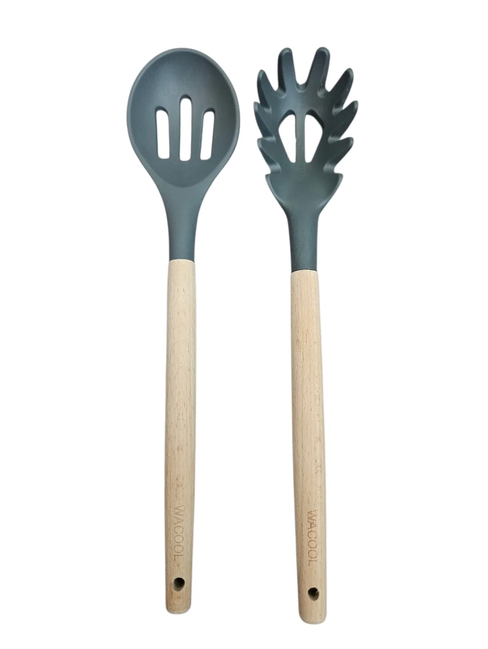 Wacool Charcoal Gray‎ Silicone Slotted Spoon & Spaghetti Server Wooden Handles